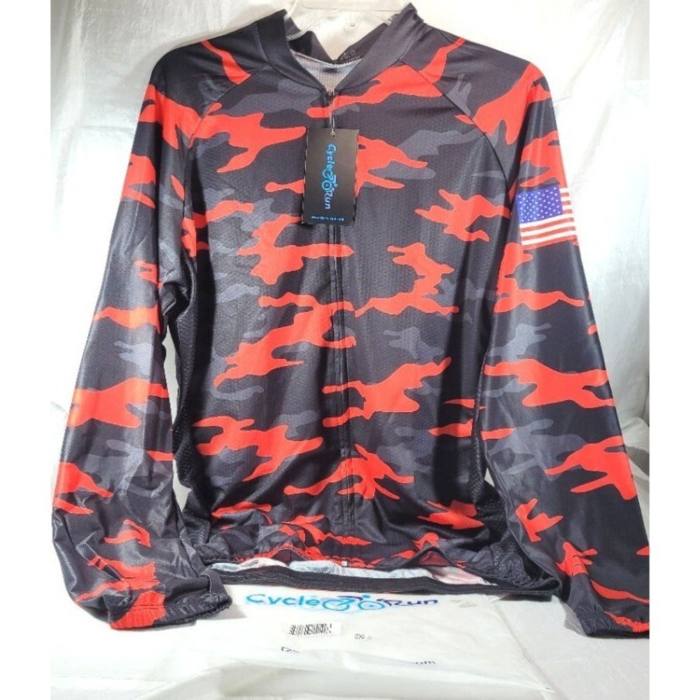 Cycle Run Men's Black/Red Camo Long Sleeve Full Zip Cycling Jersey - XXL